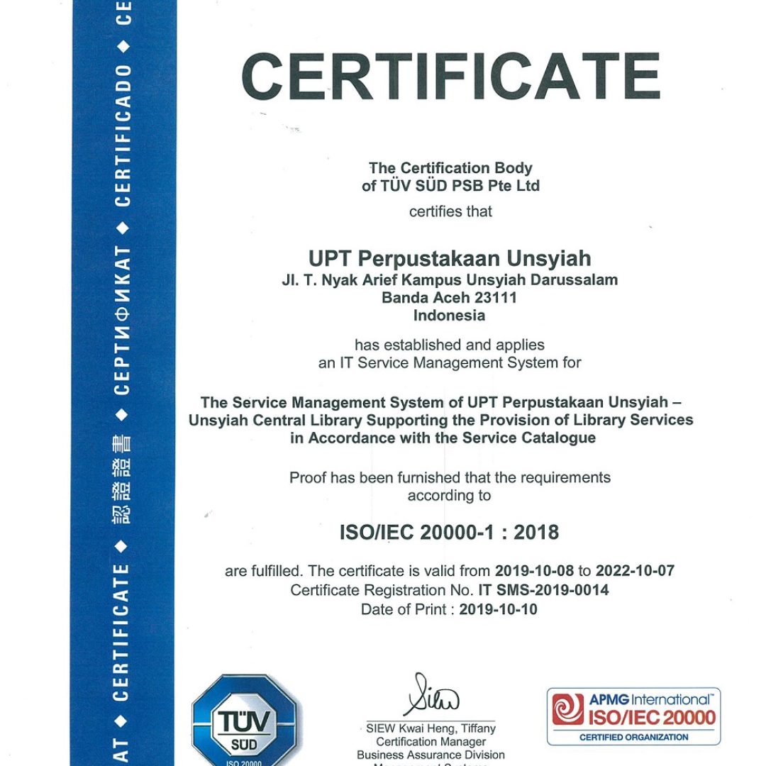 Certificate ISO 20000-1 2018 Service Management System TUV SUD Singapore
