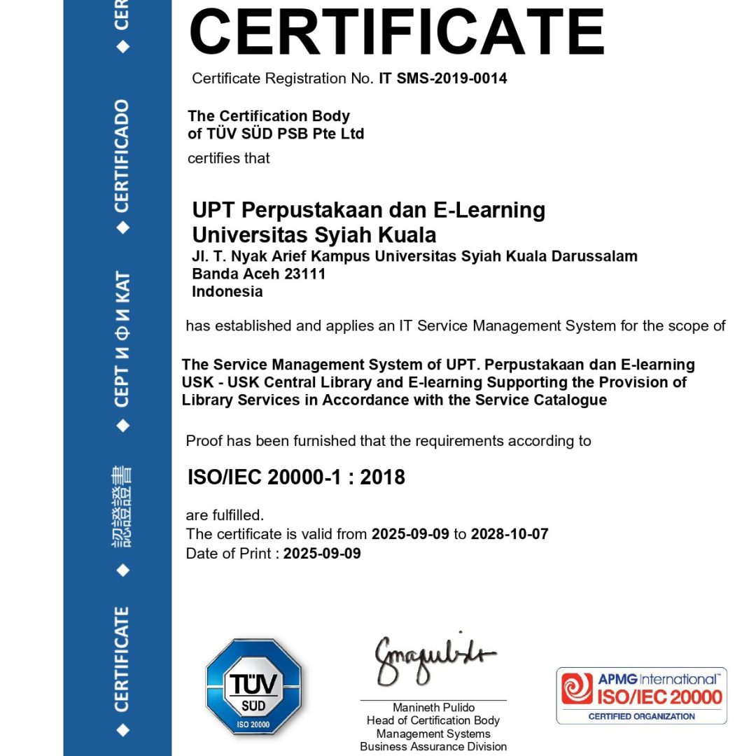 Re-Certificate ISO/IEC 20000-1:2018 (Service Management System) TUV SUD Singapore
