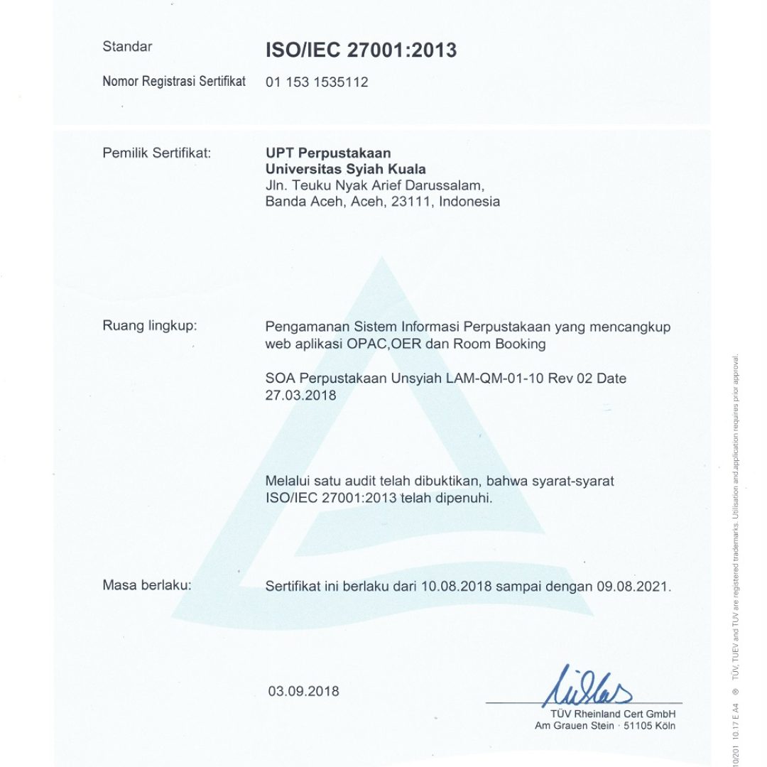 Certificate ISO-IEC 27001 2013 Information Security Management